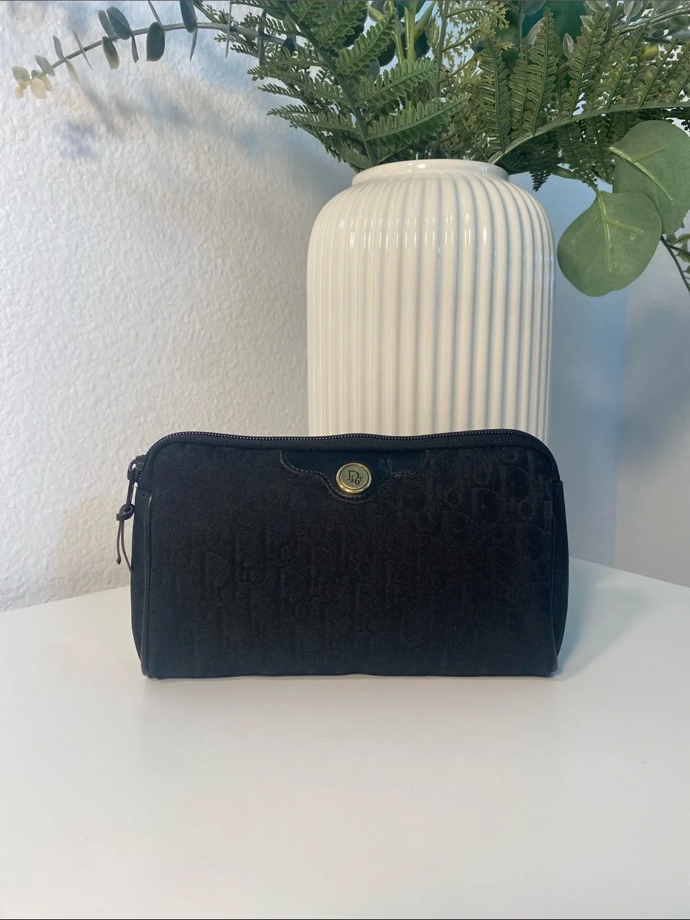 Dior Black Canvas Cosmetic Pouch with Gold Accent